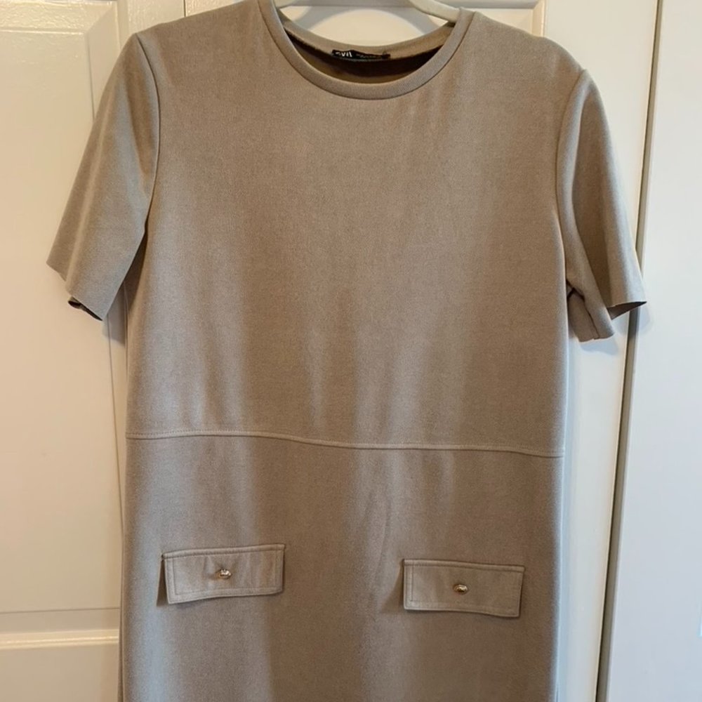 Taupe Zara Shift Dress with Gold Buttons